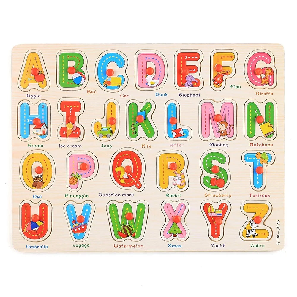 Urban Luxy Wooden Colorful Learning Educational Board for Kids with Knobs, Educational Learning Wooden Board Tray, Size- 30 X 22 cm ((ABC Alphabet))