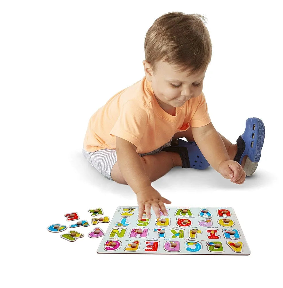 Urban Luxy Wooden Colorful Learning Educational Board for Kids with Knobs, Educational Learning Wooden Board Tray, Size- 30 X 22 cm ((ABC Alphabet))