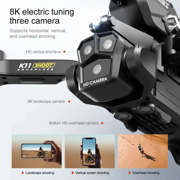 Foldable Brushless motor drone K11 camera triple camera drone with Brushless motor Bullets fire drone