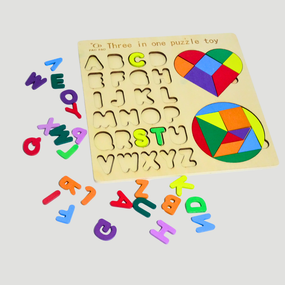 3-in-1 Wooden Puzzle Board with Alphabet – Endless Learning Fun