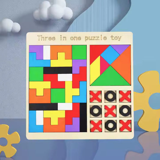 3-in-1 Wooden Puzzle Toy – 3D Jigsaw, XO Game & Thinking Trainer for Kids